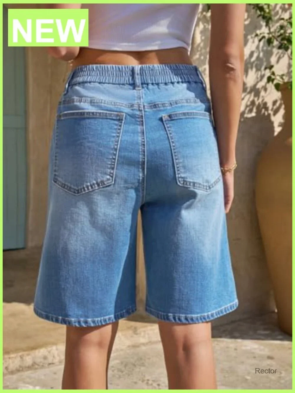 Women's Elastic Waist Bermuda Denim Shorts Knee Length Casual